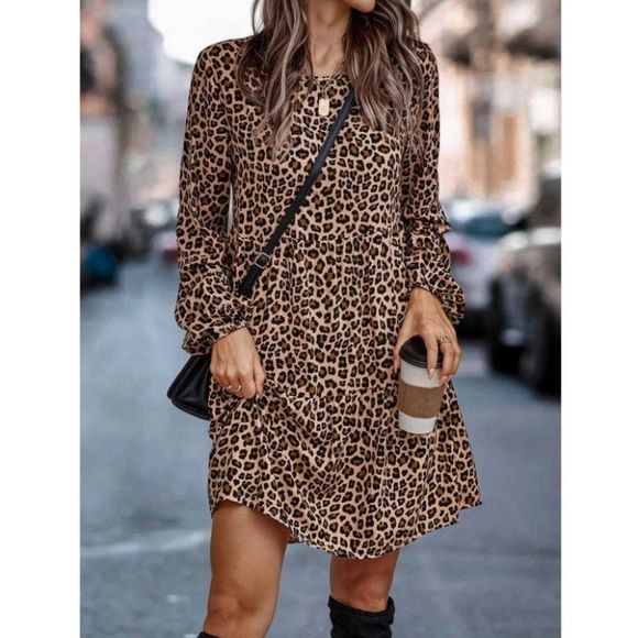 Keyhole Back Ruffle Hem Smock Leopard Print Dress - Picture 1 of 4